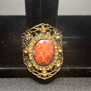 Large Gold Filigree Statement Stretch Ring with Crackle Coral Center